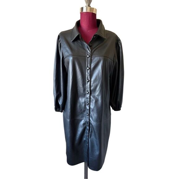 7 For All Mankind Faux Leather Button Down Dress size M Black 3/4 sleeves - Picture 1 of 9